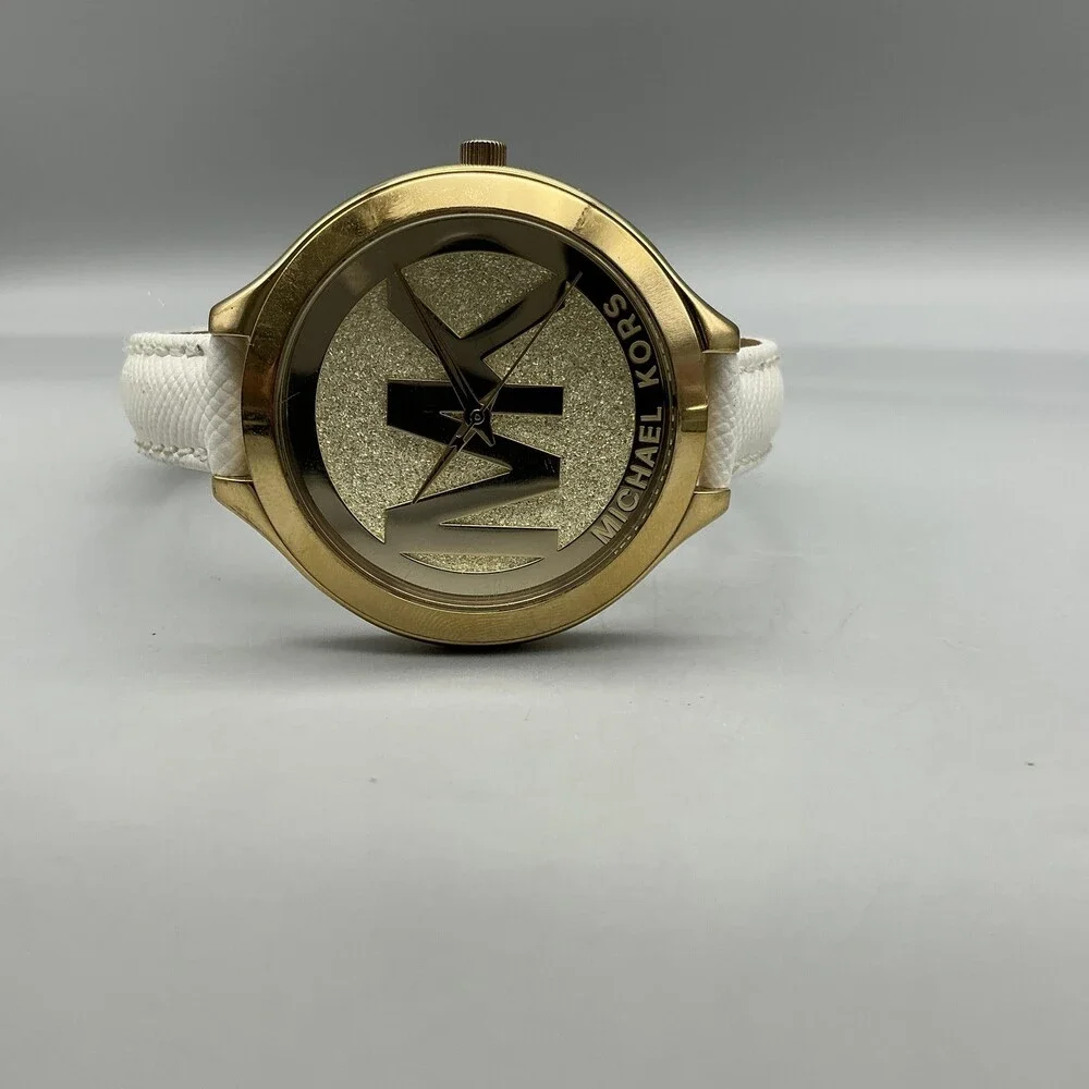 Michael Kors MK-3389 Womens Watch 42mm Gold Tone MK Logo Leather New Battery
